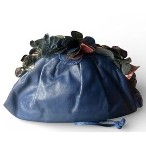 Vintage Rita Diana for Mylinka Blue Leather Floral Appliqué Couture Clutch Bag